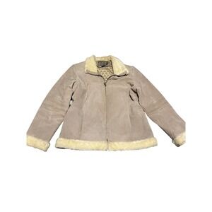 Weather‎ Tamer Suede Sherpa Lined Jacket Tan Beige Zip Front Collar L